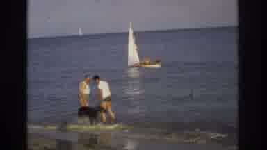 Ocean City New Jersey USA (1968): A Couple With A Dog Wade In The Water At The
