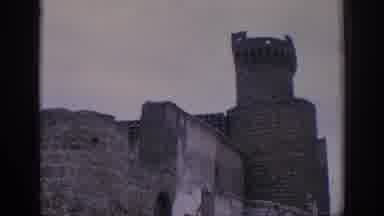 SPAIN-1966: Historic Castle Ruins With Stone Towers And Battlements