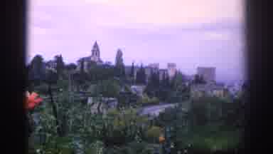 SPAIN-1966: A Garden Fountain and Panoramic View of an Old Town with Historic Architecture