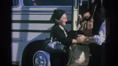 Spain (1966): Man Greets Shake Hands Helps Elderly Riders Down From Bus