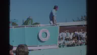 Miami Florida USA (1971): 1980s Trainer And Crowd Viewing Jumping Dolphin