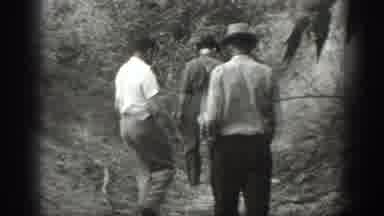 California USA (1939): Three Men Walking Dirt Path Isolated House Bush Shrubbery