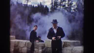 Wyoming USA (1939): Group Of Five Line Up Next To Steamy Geyser Wall