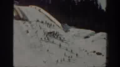 Washington USA (1940): Ski Hill With People Skiing A Distance Away With Tall Trees