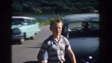 Wisconsin USA (1957): Mother With Two Sons On Road With Vintage Cars