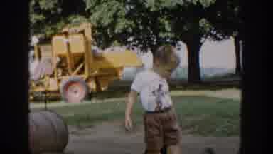 Michigan USA (1958): A Boy Standing In Sand Pets His Dog