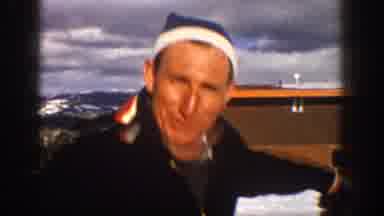 Aspen Colorado USA (1961): Cheerful Man Jumps As He's Going To Ride As He'll Ride