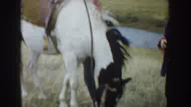South Dakota USA (1953): Man Gets In Saddle Atop A Tall Black And White Horse To
