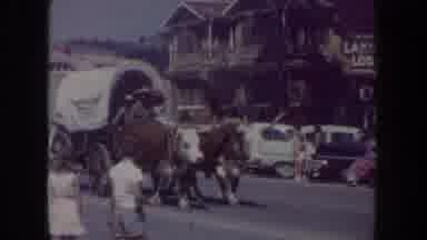 South Dakota USA (1955): View Of Cattle Pulling Covered Wagon In Parade, And Red
