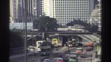 Hong Kong (1982): Street Scene Double Decker Buses Skyscraper Building Overpass