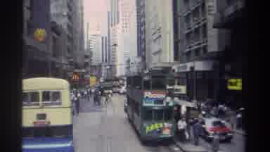 Hong Kong (1982): Passing Double Decker Trolley Buses On Busy City Streets