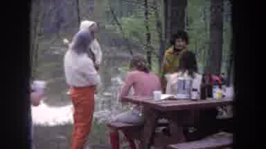 Michigan USA (1968): Many People Are Standing And Sitting On Picnic Tables Near A