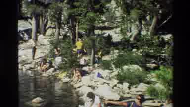 Grand Teton Wyoming USA-1980: People Relaxing By Mountain Lake With Driftwood And Evergreens