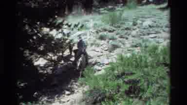 British Columbia USA (1981): Man Riding On Top Of Horse With A Line Of Pack Mules