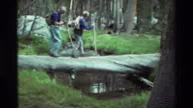 British Columbia USA (1981): Elderly Hikers Walking On A Log Across A Creek
