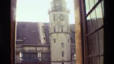 Denmark (1982): Looking Out A Window Viewing A Tower From Bottom To Top Slowly