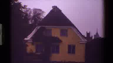 Denmark (1983): House Pillar Lions Driveway Roof Leaves Vines Rocks Signs Bushes