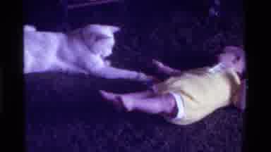 California USA (1975): Baby Playing With A Cat On The Floor