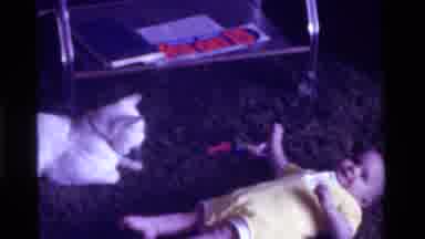 California USA (1975): Cute Cat Playing With Laughing Baby On The Carpet While