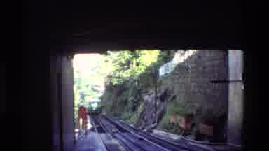 Hong Kong-1984: Green Trolley Traveling Through Forestry Seen Approaching A Tunnel