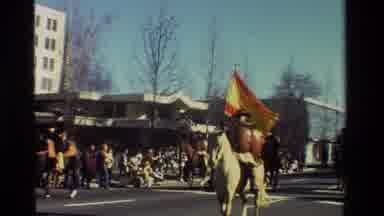 California USA (1981): Spanish Horse Riding Parade Down Main Street Of Town With