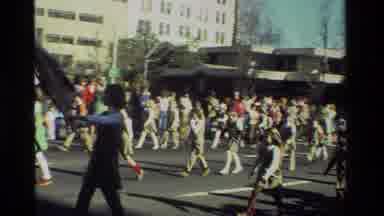 California USA (1981): Parade Lead By A Horse Drawn Wagon Followed By A Group Of
