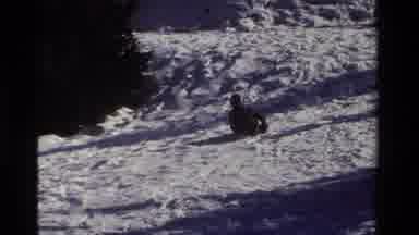 California USA (1981): Man Sledding On Cold Winter Day Falls Off When He Hits A