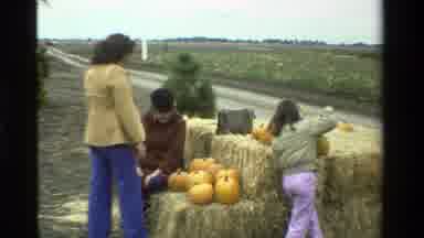 California USA (1984): Mother And Grandmother Watch Little Girl Pick Pumpkin For