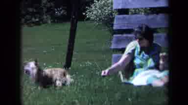 California USA (1969): Woman In Leaning Up Against Fence Dress Feeding Small Dog