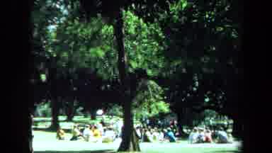 California USA (1970): Family Picnic At The Park With Sprinkler Spraying Water