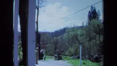 Maine USA (1971): View Of Mountains And Trees Electricity Cables Man Walking