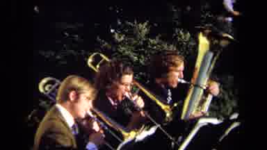 Sacramento California USA (1971): Three Friends Playing Trumpets And Trombones In