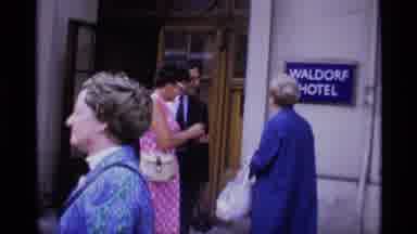 London England (1969): Scene Of People Outside Of Waldorf Hotel