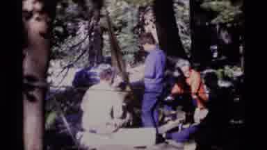 MINARET WILDERNESS CALIFORNIA USA .M-1975: Campsite Gathering In A Pine Forest
