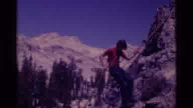 MINARET WILDERNESS CALIFORNIA USA .M-1975: Man Wearing Red Shirt Repels Down