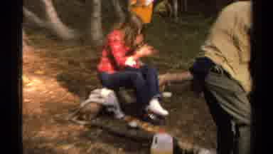 Lake Tahoe California USA (1978): Zoom In On Woman Seated On Log In Wooded