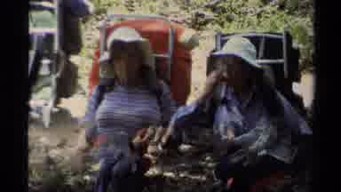 Lake Tahoe California USA (1978): Campers Sitting And Talking With Backpacks Are