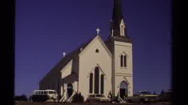 Mendocino California USA (1980): Town City Church Tall Building Street People