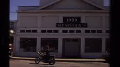 Mendocino California USA (1980): Cars Parked Along Road Man Parking Motorcycle