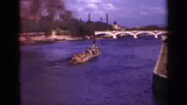Paris France (1939): Boat Sailing Across River Towards Bridge And Blowing Black