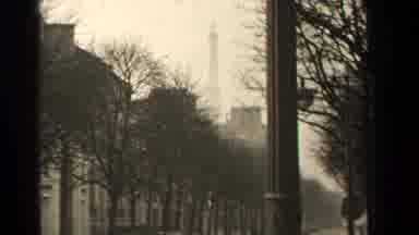 Paris France (1947): Black And White Parisian Street With Eiffel Tower On Cloudy