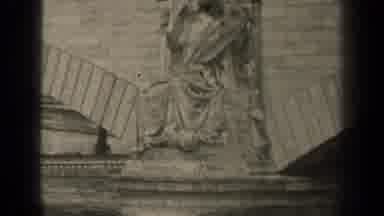 Paris France-1947: Small White Boat on River with Stone Relief Sculpture
