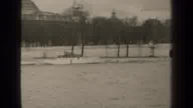 Paris France (1947): Water With Boats Lined Up Along A Bridge With Stone Statue