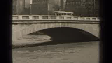Paris France (1947): Trolley Car Crossing A Cement Bridge With Two Arches Over A