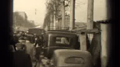 Paris France (1947): Large Group Of People In Heavy Coats Walk By Antique Cars