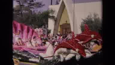 Los Angeles California USA (1967): Dolphin Shell Parade Float Flowers Waving Crowd