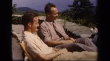 Skyline Drive Virginia USA (1943): Two White Men Sitting In Chairs Outside And A