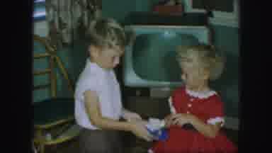 Kansas City Missouri (1959): Three Kids Two Boys One Girl Holding Xmas Present
