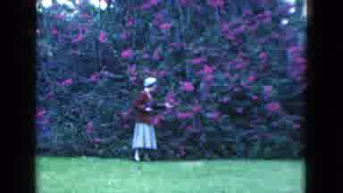 Florida USA (1975): Woman In Dress Hat And Jacket Admiring Pink Blooms On Tall