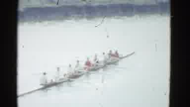 Boston Mass USA (1975): 9 Man Kayak Team Rowing Down River